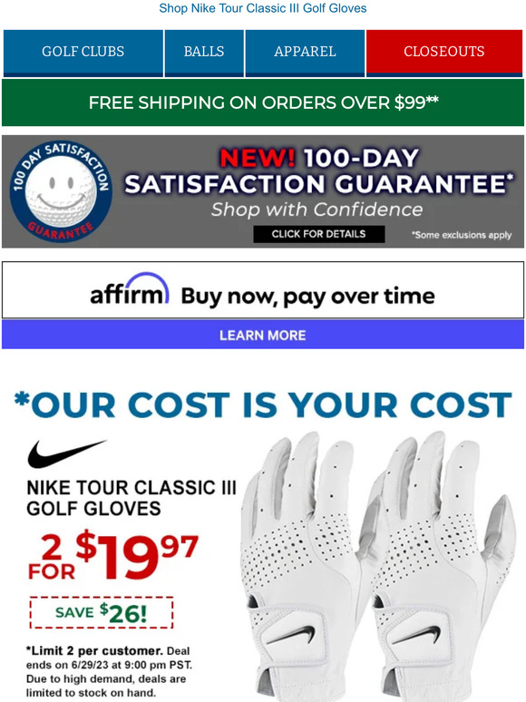 Get 2 Nike Tour Classic III Golf Gloves for Just $19.97, Save $26!