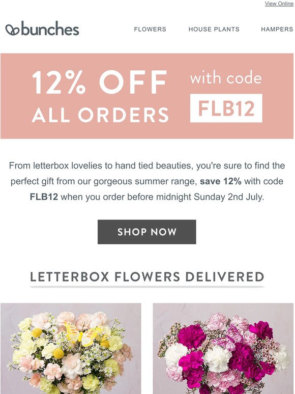 Save 12% on letterbox and hand tied blooms with code FLB12