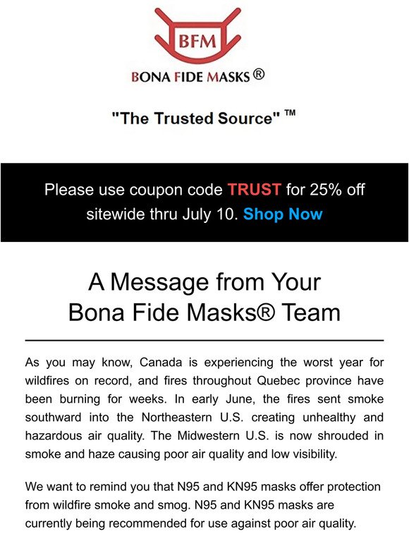 A message from Our Team at Bona Fide Masks Plus 25% Off Coupon Code Inside