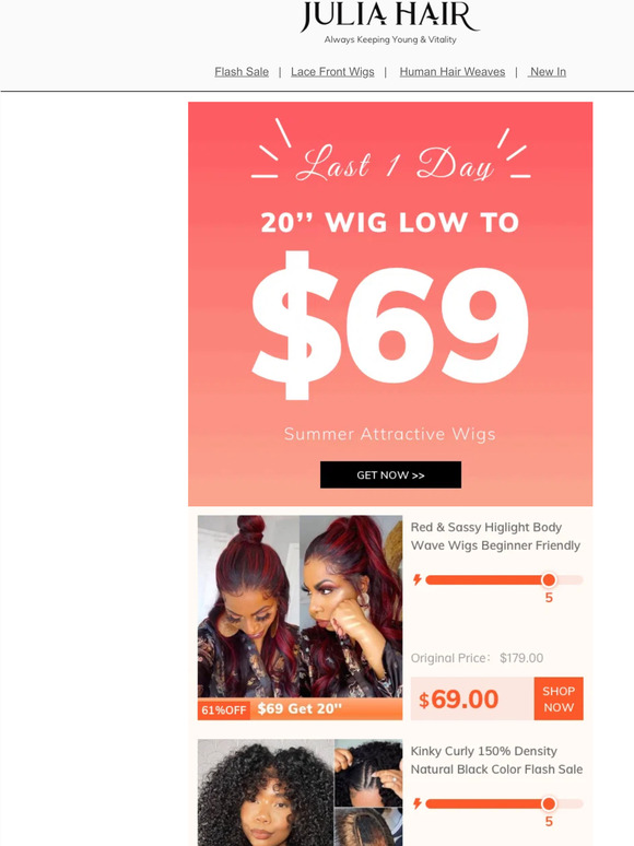 CAUTION! 20'' Wig Down to $69 Crazy Sale will Expire Soon!