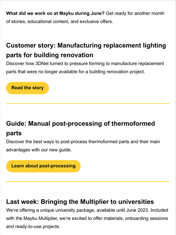 Making replacement components, post-processing parts and a unique university package: Mayku Monthly Newsletter
