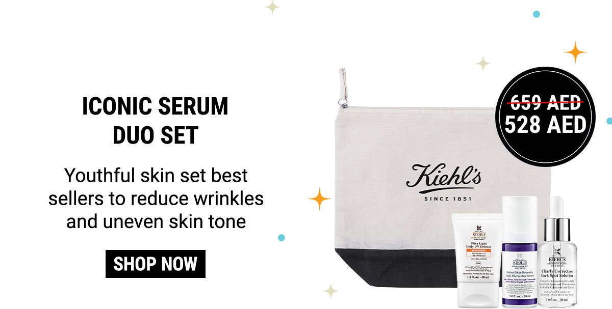 528 AED + ICONIC SERUM DUO SET + Youthful skin set best sellers to reduce wrinkles and uneven skin tone + SHOP NOW