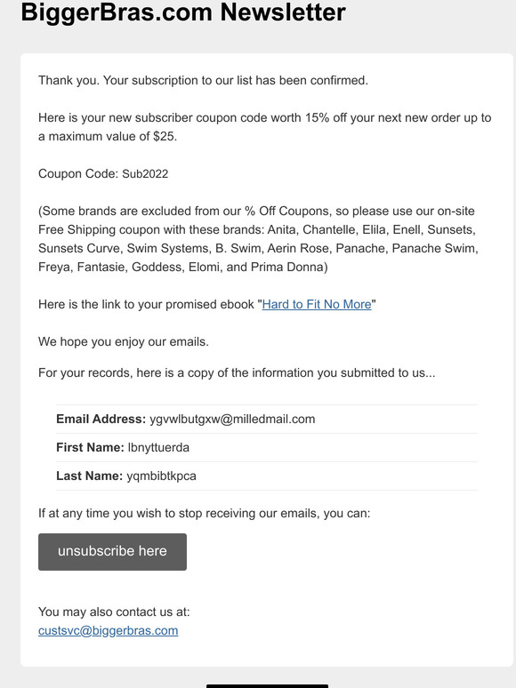 BiggerBras.com Newsletter: Your 15% off Coupon and Subscription Confirmed