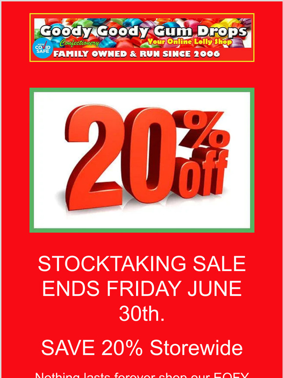 HURRY - SAVE 20% STOCKTAKING SALE ENDS 30/6/23