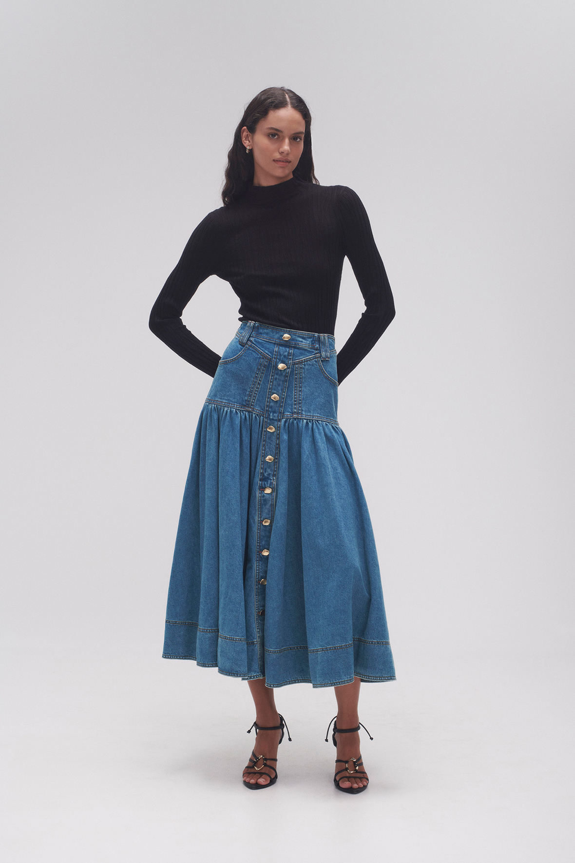 Aje. Belmond Denim Midi Skirt in White