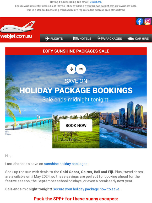 Ends midnight tonight: EOFY sunshine packages sale!