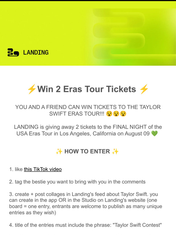 Win 2 Taylor Swift Eras Tour Tickets on Landing!