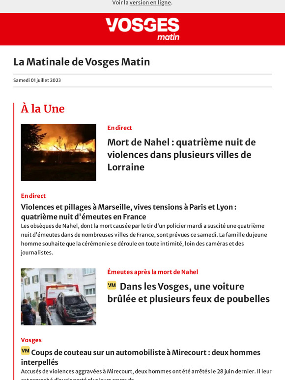 Vosges Matin 🔴 Mort de Nahel quatrième nuit de violences dans