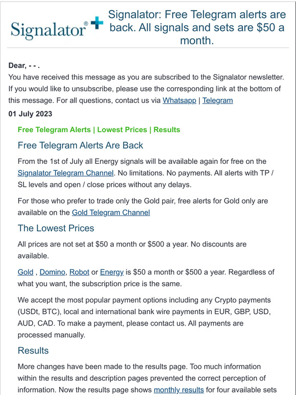Signalator: Free Telegram alerts are back. All signals and sets are $50 a month.