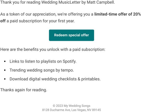 Thank you for supporting Wedding MusicLetter by Matt Campbell