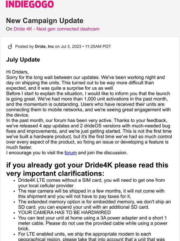 Indiegogo: 📢 Update #26 from Dride 4K - Next gen connected dashcam | Milled