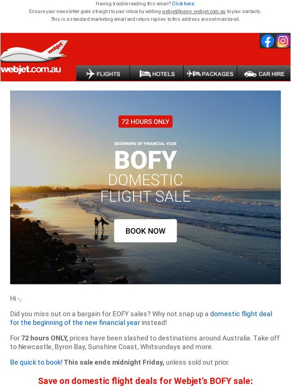 BOFY domestic flight sale: $30 one-way to Byron Bay!