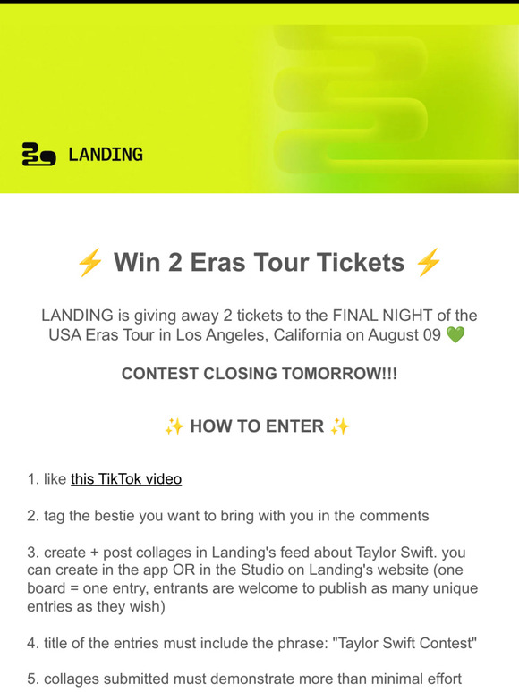 LAST CHANCE - Win 2 Taylor Swift Eras Tour Tickets on Landing!