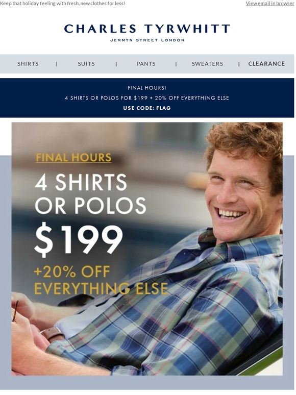 FINAL HOURS: 4 Shirts for $199 + 20% Off Everything Else