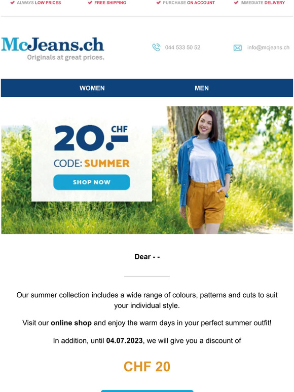 LAST DAY ☀️ CHF 20 discount on your new summer outfit at McJeans.ch – free shipping