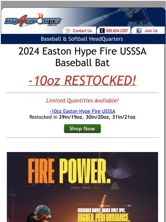 2024 Easton Hype Fire USSSA-Back in Stock (-10oz)!