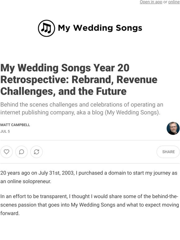 My Wedding Songs Year 20 Retrospective: Rebrand, Revenue Challenges, and the Future