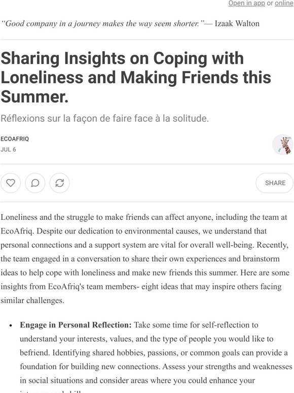 Sharing Insights on Coping with Loneliness and Making Friends this Summer.