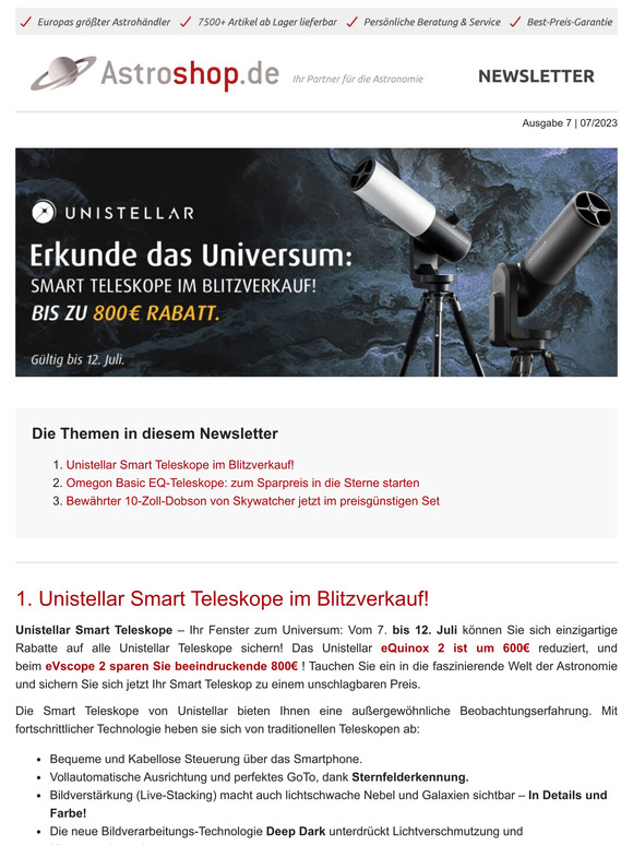 🔭Unistellar Smart Teleskope im Blitzverkauf | Omegon Basic EQ-Teleskope zum Sparpreis | 10-Zoll-Dobson von Skywatcher jetzt im preisgünstigen Set 🌒