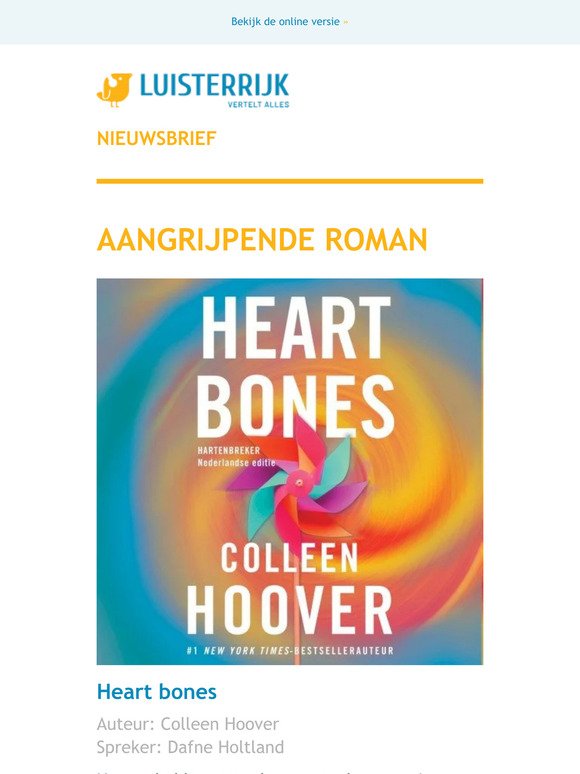 Kortingscode voor €5 korting! | Heart bones, aangrijpende roman van Colleen Hoover | Nieuw van Isabel Allende | Coen Verbraak leest Israël