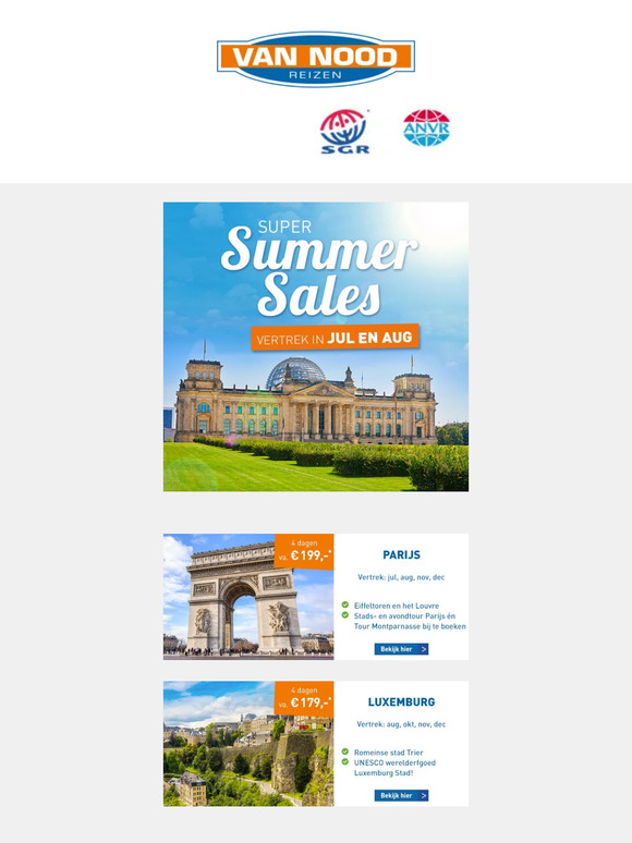 Van Nood Super Summer Sale stedentrips, vertrek in juli en augustus