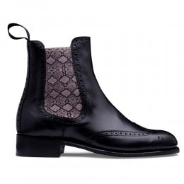 Ava II D Brogue Chelsea Boot in Black Calf Leather/Snake Print Elastic