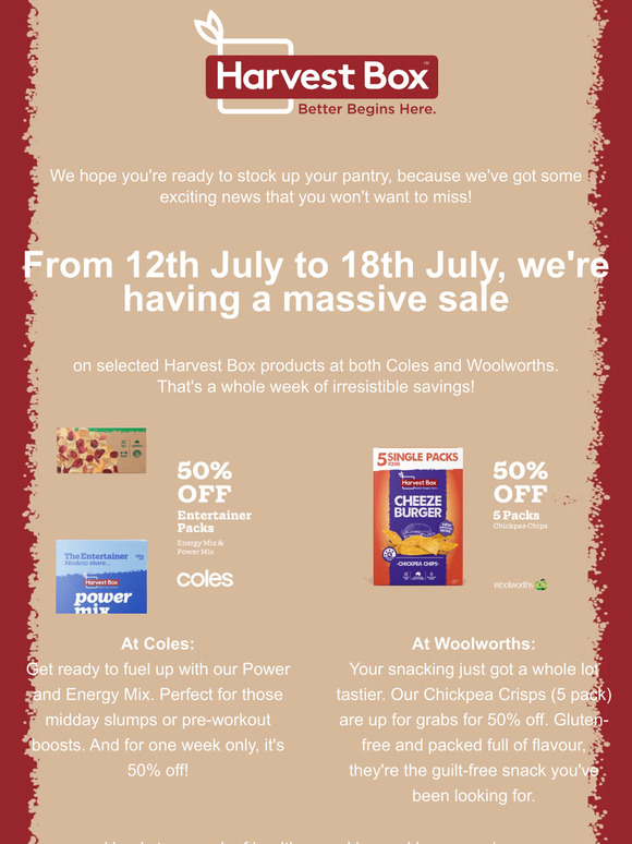 Big Savings Alert! 50% Off Selected Harvest Box Products at Coles and Woolworths!