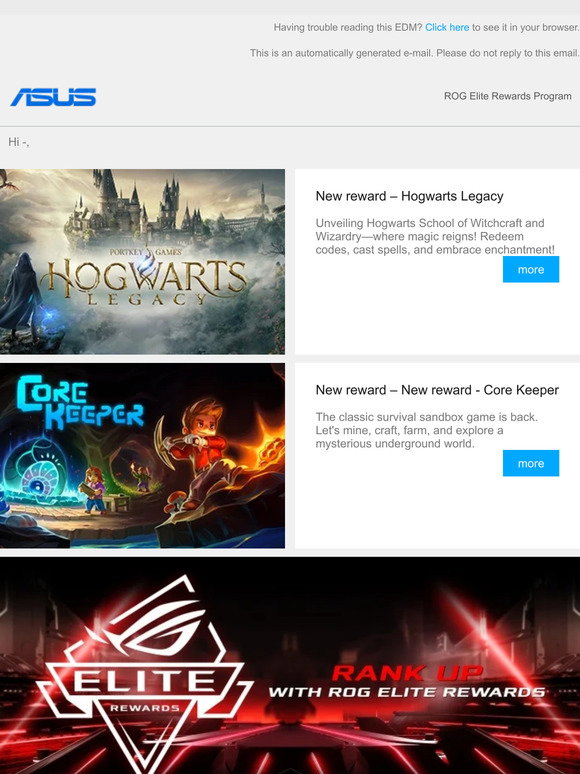 ASUS: [Elite] New rewards - Hogwarts Legacy and Core Keeper | Milled
