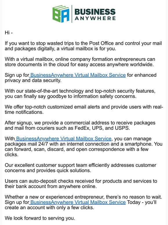 BusinessAnywhere LLC Manage Your Mail Anywhere with our Reliable