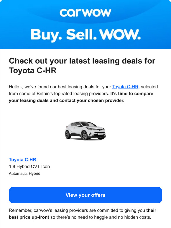 Carwow It's time to compare all your leasing deals for Toyota CHR and