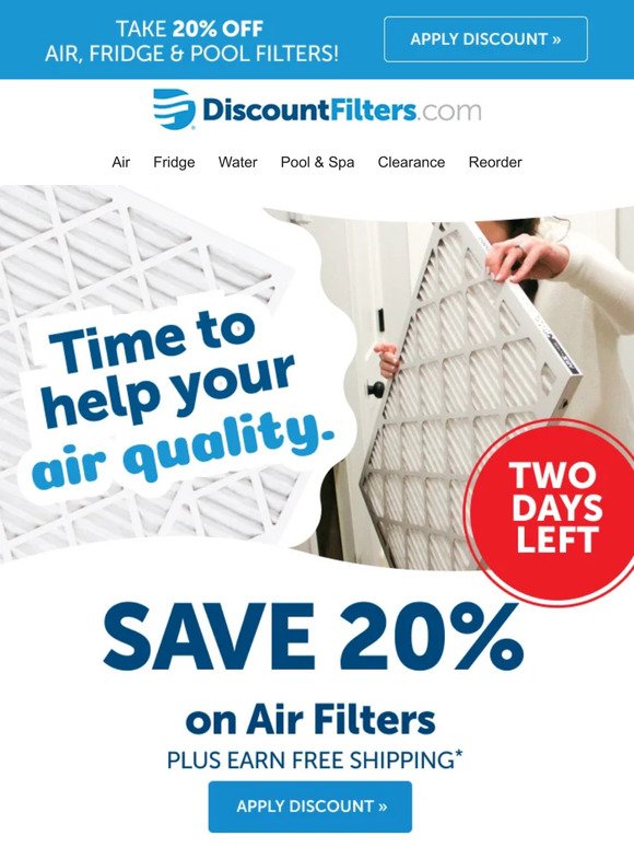 Take 20% off air, fridge, and pool filters.