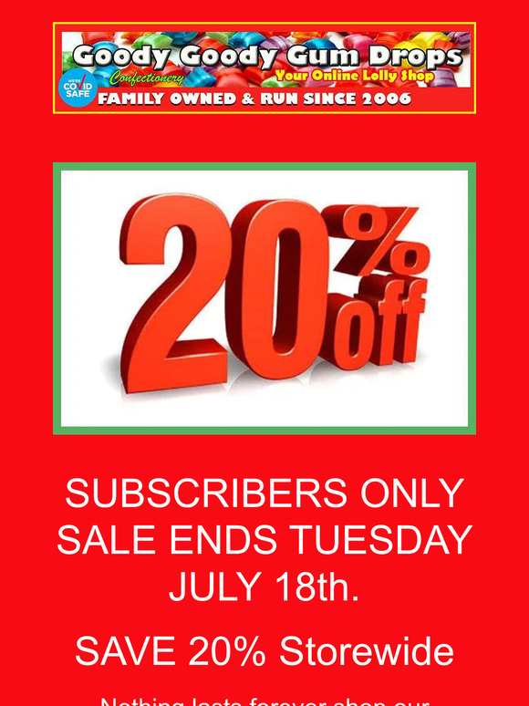 Subscribers Only - SAVE 20% Storewide 18/7/23