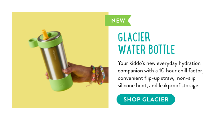 Image: Glacier water bottle on yellow background. "Glacier Water Bottle with 10 hour chill factor, flip up straw and non-slip silicone boot.