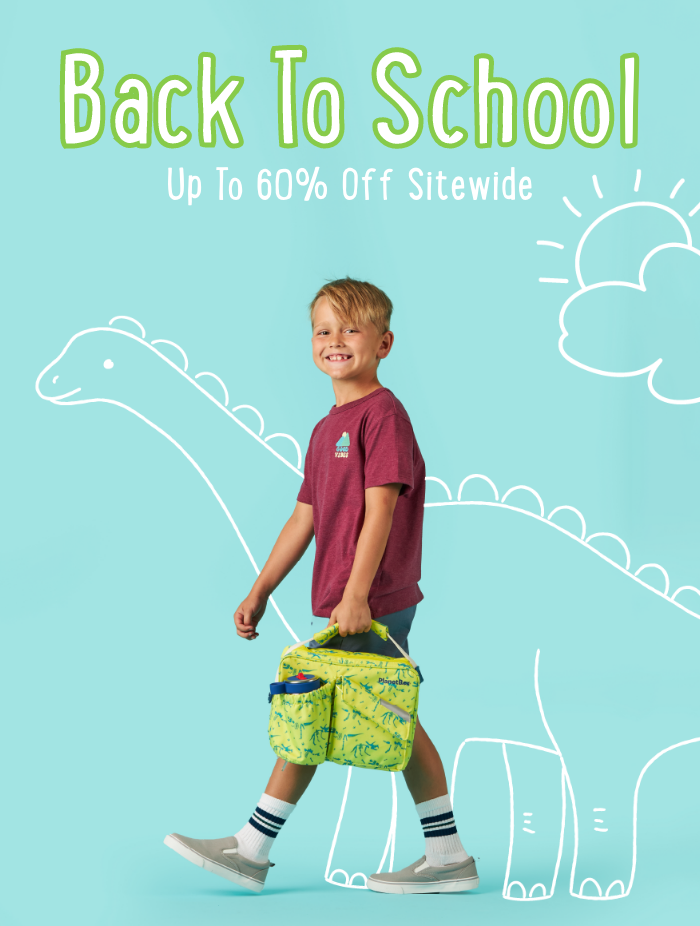 "Back to school" "Up to 60% Off sitewide" Image of young boy on light blue background carrying PlanetBox carry bag with white dinosaur doodles.