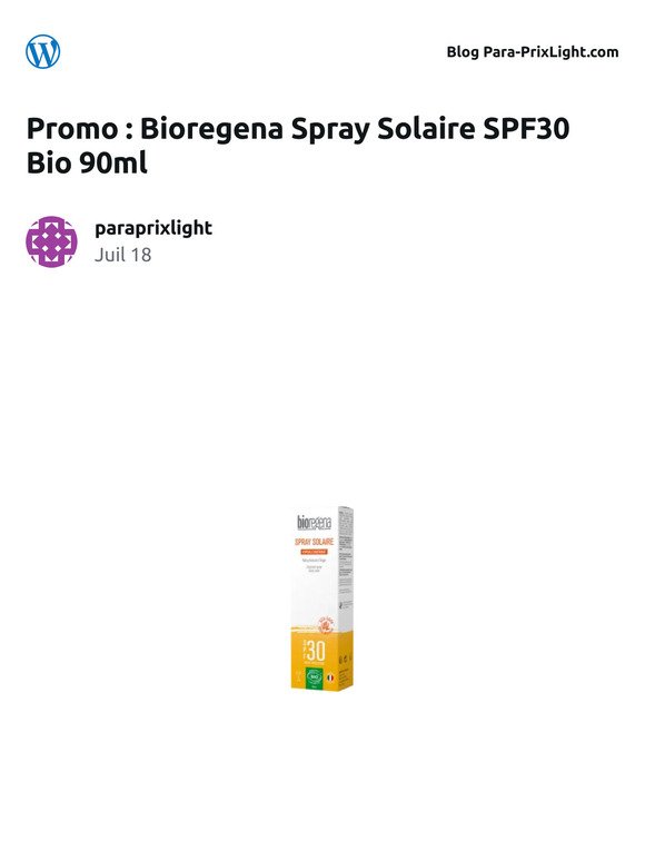 [Nouvel article] Promo : Bioregena Spray Solaire SPF30 Bio 90ml