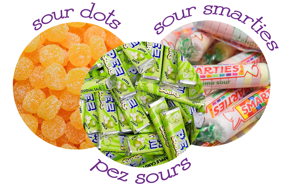 Sour Dots, Pez Sours, and Sour Smarties