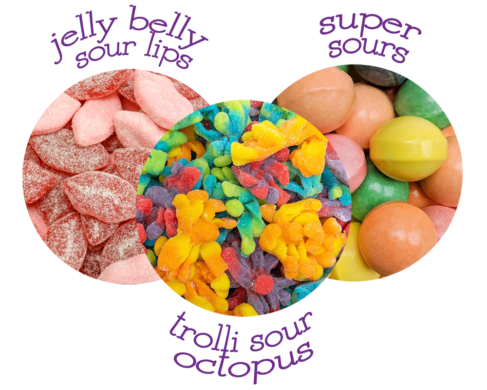 Jelly Belly Sour Lips, Trolli Sour Octopus, and Super Sours