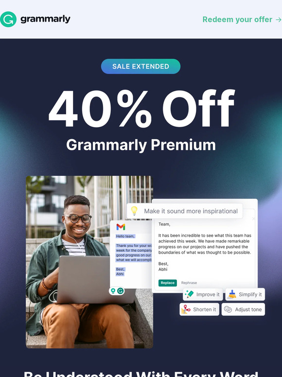 🙌 Sale extended: get 40% off Grammarly Premium