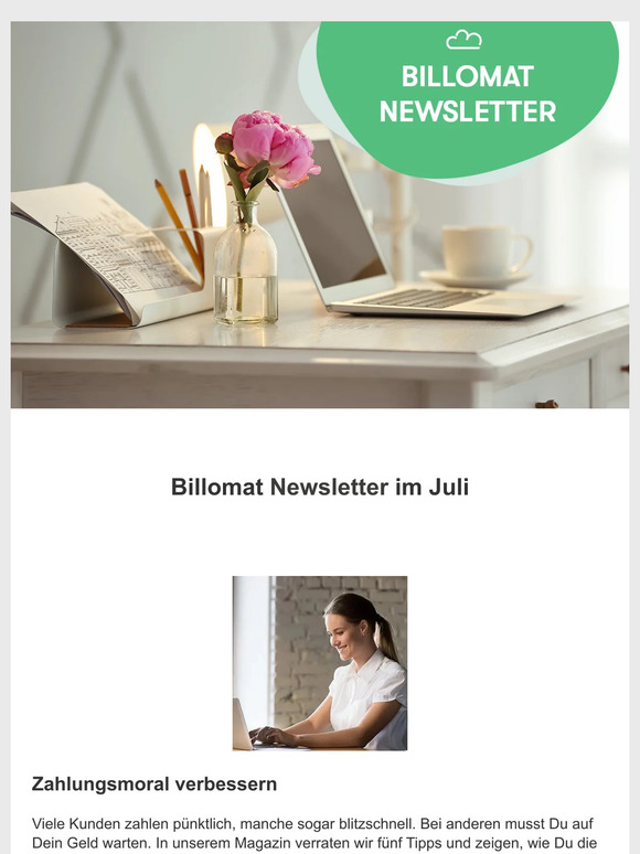 Billomat Newsletter: Zahlungsmoral der Kunden verbessern, Richtig mahnen und Preisstrategie als Erfolgsfaktor.