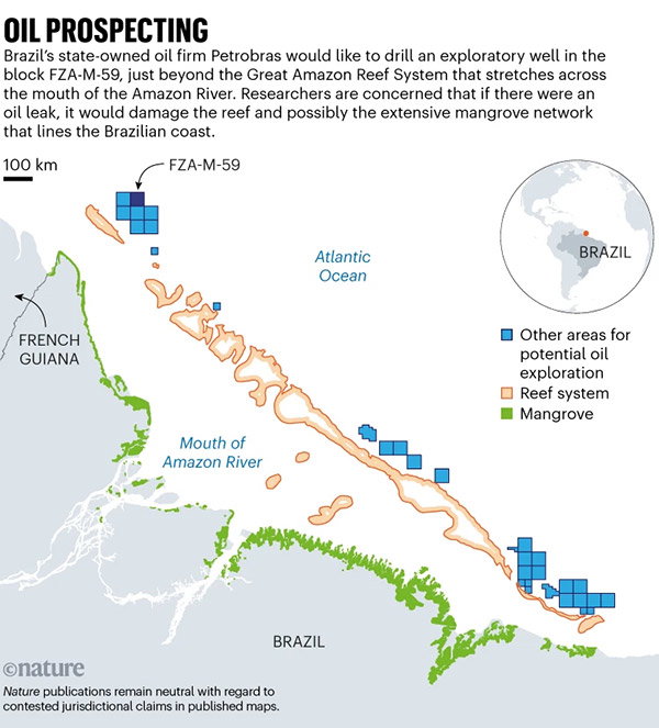 A map shows the areas at risk from a leak from a proposed oil well near the mouth of the Amazon river.