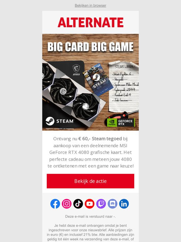 Krijg € 60,- Steam tegoed bij MSI GeForce RTX 4080!