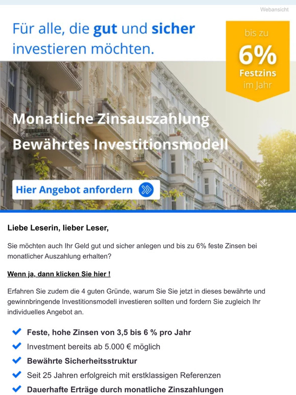 6 % Festzins + mtl. Zinsauszahlung + bewährtes Investitionsmodell