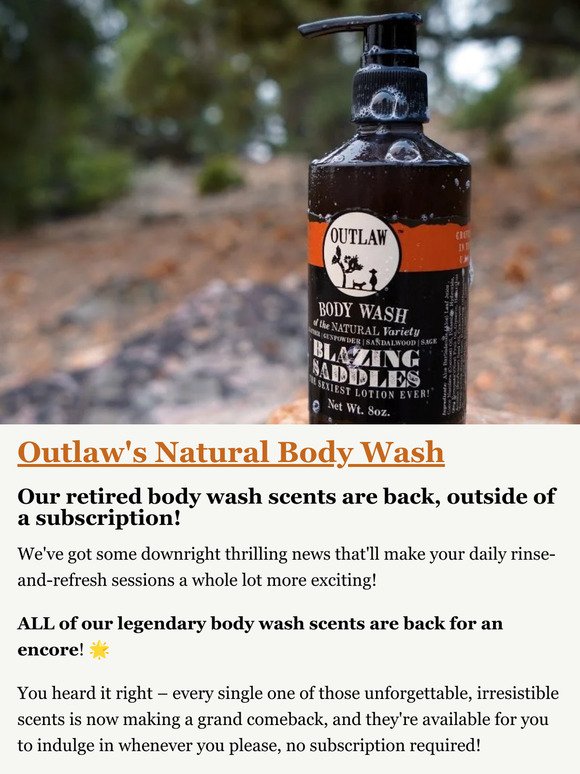 Outlaw Natural Body Wash is BACK in all scents! 🥳