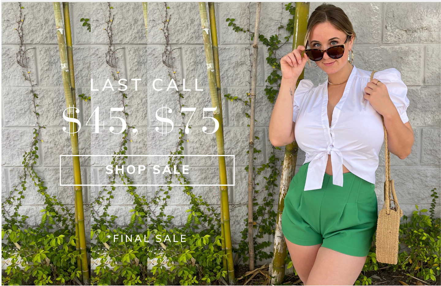 Woman wearing white short sleeve wrap shirt, green shorts and sunglasses // $45, $75 sale message