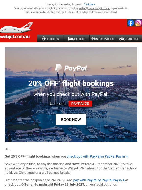 20% OFF* flights, check out with PayPal or PayPal Pay in 4!