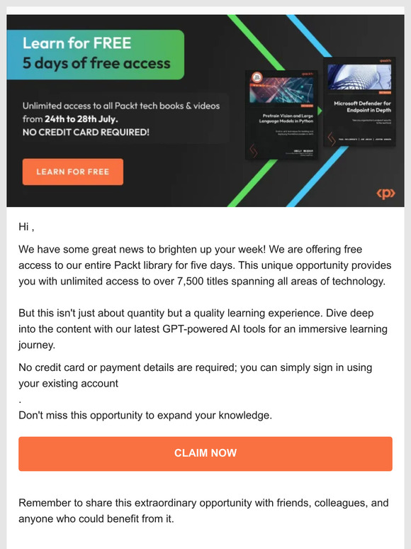 Packt US Learn, Explore, and Grow with Packt 5 Days of Free Access