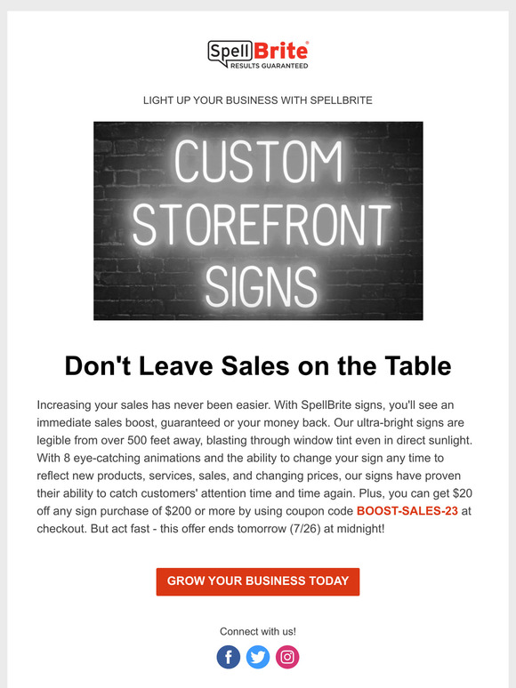 Don't wait: buy today and get $20 off your sign purchase