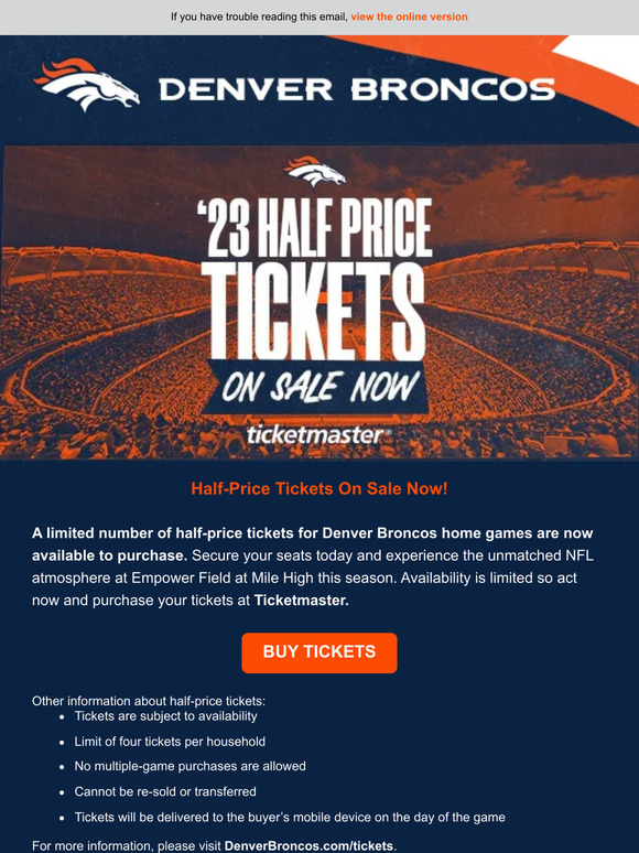 Denver Broncos: Limited number of half-price game tickets to go on