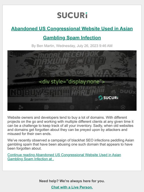 Abandoned US Congressional Website Used in Asian Gambling Spam Infection
