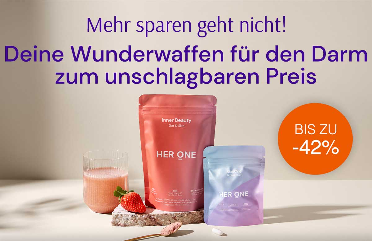 HER ONE Header: Mehr sparen geht nicht! Deine Wunderwaffen für den Darm zum unschlagbaren Preis BIS ZU -42%
